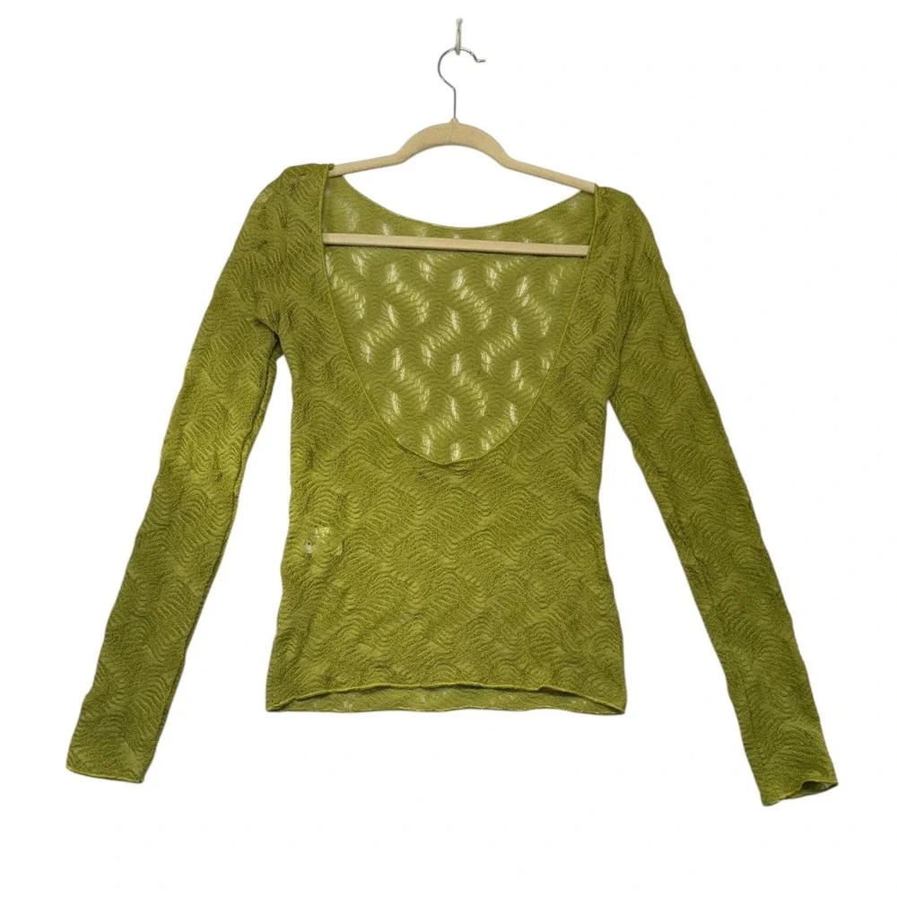 Zara Womens‎ Lime Green Pointelle Knit Open Back Long Sleeve Top Size Medium
